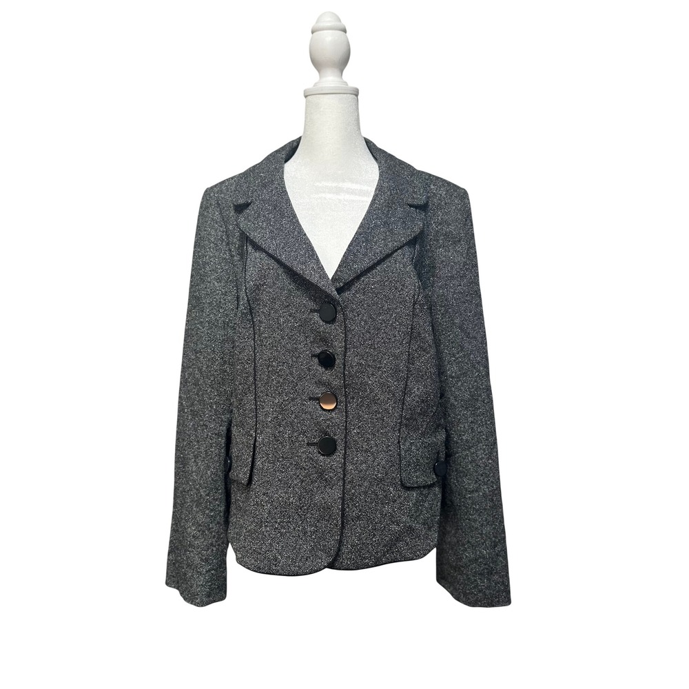 Ann Taylor Blazer Women 16 Grey Wool Silk Blend Tweed Button Front Jacket
